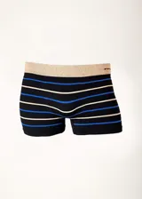 Boxer negro con rayas horizontales azules y blancas, cintura elastizada color beige con logo de la marca.