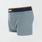 Pack de tres bóxers ajustados de algodón en tonos azul, verde oscuro y celeste con estampado geométrico y cinturillas elásticas con detalle contrastante.