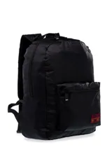 Mochila azul marino de tela lisa, plegable, con cierre de cremallera y bolsillo frontal con cierre.