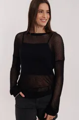 Buzo de tejido de red color negro, de mangas largas y cuello redondo.
