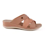 Sandalia casual color salmón con plataforma baja y tiras cruzadas, una lisa y otra con textura.