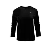 Remera Asics de manga larga para mujer, color negro con logo plateado en el pecho y estampado con la frase japonesa Katakana en las mangas.