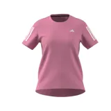 Camiseta de running Adidas Own The Run color rosa con tres tiras blancas en las mangas y logo reflectivo en el pecho. Confeccionada con tecnología Aeroready y materiales reciclados.