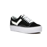 Championes Pony negros con plataforma blanca, capellada de lona y detalles en gamuza.