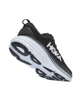 Championes de running Hoka One One Bondi 8, color negro con logo blanco en el lateral y suela gruesa en dos tonos.