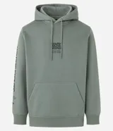 Hoodie masculino de algodón y poliéster, color verde salvia, con capucha ajustable, bolsillo canguro y estampado en el pecho y en la manga izquierda con texto.