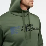 Canguro verde militar con capucha y cordones ajustables. Logo de New Balance estampado en el pecho.