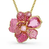 Collar con colgante en forma de flor con cristales rosas de diferentes tamaños y engarces, con cadena dorada.