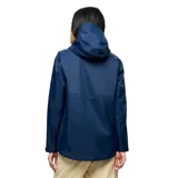 Campera impermeable Merrell modelo Fallon, color azul marino, con capucha ajustable, cierre frontal con solapa, bolsillos laterales con cierre y puños ajustables con velcro.