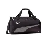 Bolso deportivo Puma Fundamentals, color negro con detalles en blanco. Cuenta con compartimento principal con cierre, bolsillo lateral y correa ajustable para el hombro.