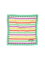 Pañuelo cuadrado de seda con estampado de rayas horizontales de colores y borde verde.