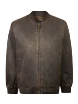 Chaqueta estilo bomber de marca RKF, color marrón con efecto desteñido o vintage. Cuenta con cierre frontal completo, cuello, puños y dobladillo en rib elástico, y bolsillos laterales ribeteados.