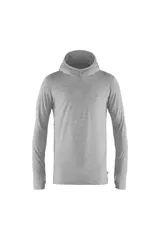 Hoodie gris de manga larga con cuello alto y capucha.