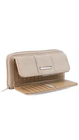 Billetera larga marca Lincoln's, color bordó con interior beige. Presenta un diseño con solapa frontal, múltiples compartimentos para tarjetas, visor y monedero con cierre.