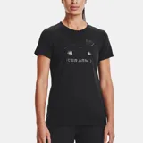 Remera Under Armour de mujer color rojo, de corte clásico y manga corta. Presenta el logo de la marca estampado en el pecho con diseño de animal print.