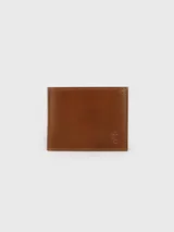 Billetera de cuero color marrón tostado, con diseño clásico plegable y el logo de la marca grabado en la esquina inferior derecha.