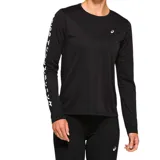 Remera de running Asics de mujer, color violeta, de manga larga y tejido de punto con tecnología de secado rápido. Presenta la frase japonesa Katakana estampada en las mangas.