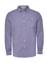 Camisa de hombre a cuadros rosas y azules, de corte regular, manga larga y cuello camisero. Confeccionada en popelina elástica de algodón orgánico, nylon y spandex.