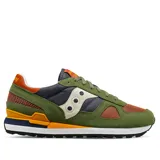 Championes Saucony Shadow Original, con capellada de gamuza, nylon y malla color verde oliva, detalles en naranja, azul y gris.