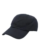 Gorra tipo baseball de canvas engrasado impermeable, color azul navy, con logo bordado tono sobre tono en el panel frontal y forro interior de algodón orgánico.