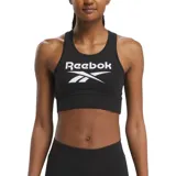 Top deportivo negro de algodón elástico con espalda cruzada y logo Reebok en el frente.