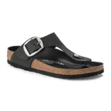 Sandalia Birkenstock modelo Gizeh con hebilla grande, color negro, hecha de cuero engrasado.