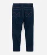 Pantalón skinny de jean en color azul marino, de tiro alto y corte ajustado. Presenta bolsillos delanteros y traseros, trabillas en la cintura y cierre de botón y cremallera.