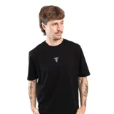 Remera regular de algodón color negro, con cuello redondo y diseño liso, cuenta con un pequeño logo bordado en el centro del pecho.