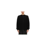 Buzo negro Off-White de cuello redondo, manga larga y calce holgado, con pequeño estampado tipográfico en el pecho y diseño gráfico en la espalda.