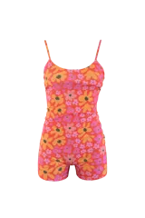 Enterito corto de lycra estampada con flores en tonos naranja y rosa, con escote en V y espalda descubierta.
