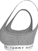 Bralette deportivo gris de algodón elástico con logo de Tommy Hilfiger en la banda inferior. Sin aros ni relleno.