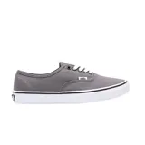 Zapatillas Vans modelo Authentic, color gris, con cordones blancos y suela de goma blanca con línea negra.