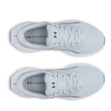 Championes de running Under Armour W Ascend, color celeste claro con detalles en azul oscuro y entresuela blanca. Presentan diseño de malla textil transpirable, refuerzos sintéticos y suela de goma con tracción.