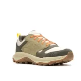 Championes de trekking Merrell Tempo Sol, combinando gamuza verde militar y malla en tonos beige y verde oscuro, con cordones naranjas y suela dentada marrón.