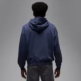Hoodie Jordan MVP Fleece azul marino con capucha, bolsillo tipo canguro y estampado frontal estilo universitario con el texto "Jordan", el número 23 y el swoosh de Nike en color blanco. Presenta puños y dobladillo acanalados, además del logo Jumpman en la manga.