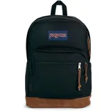 Mochila Jansport Right Pack de 28 litros, color negro con base inferior de cuero gamuzado marrón. Cuenta con un compartimento principal amplio, un bolsillo frontal con cierre y tiradores de cuero.