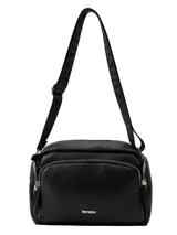 Bandolera de tamaño mediano en color negro, confeccionada en material símil cuero con textura granulada. Presenta un diseño con múltiples compartimentos con cierre metálico, logo de la marca en la parte frontal y correa ajustable con inscripciones.