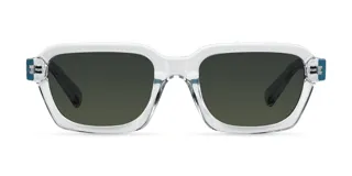 Lentes de sol unisex de forma cuadrada, con armazón celeste de policarbonato francés y lentes verdes polarizadas de origen japonés.