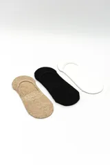 Pack de tres pares de medias invisibles en colores marrón, negro y blanco, diseñadas para ocultarse completamente dentro del calzado.