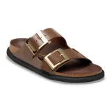 Sandalias Birkenstock modelo Arizona con dos correas ajustables de cuero color marrón, hebillas metálicas doradas, plantilla de corcho y suela de goma negra.