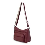 Bandolera de cuero sintético color bordó, con múltiples bolsillos frontales con cierre y correa ajustable en contraste de color.