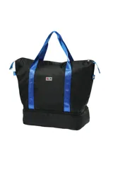 Bolso tipo tote con estampado de cebra en blanco y negro, con doble compartimento y asas de color naranja.