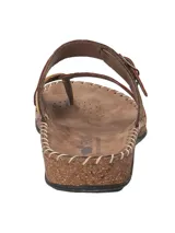 Sandalia de cuero con diseño de tiras multicolor en tonos marrón, naranja y amarillo. Presenta una tira con hebilla ajustable sobre el empeine, plantilla anatómica de cuero y suela con efecto corcho y costuras decorativas visibles.