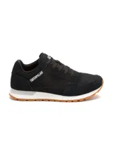 Championes Caterpillar modelo Ventura para mujer, de color negro con suela de goma caramelo y entresuela blanca. Confeccionados con capellada de gamuza y lona, cordones negros y el logo de la marca impreso en el lateral y la lengüeta.