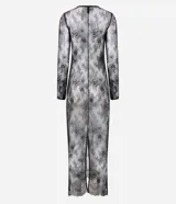 Vestido midi de encaje negro con diseño de transparencia, corte recto, cuello redondo y mangas largas.