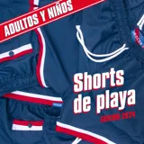 Shorts de baño azul marino con vivos blancos y rojos, edición 2024, diseñados y confeccionados artesanalmente en Uruguay.