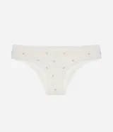 Bombacha bikini Lov confeccionada en microfibra color blanco marfil con estampado de cerezas y detalles de encaje en las piernas.