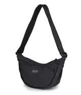 Bolso tipo bandolera Jansport, diseño curvo en color bordó, con correa ajustable y bolsillo frontal con cierre.