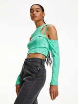 Top Calvin Klein Jeans color verde menta, de punto acanalado, con mangas largas y hombros descubiertos.