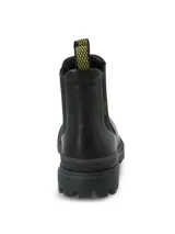 Bota tipo Chelsea de Hush Puppies, confeccionada en cuero negro con paneles elásticos laterales y tiradores superiores con diseño gráfico en amarillo y negro. Presenta una suela de goma robusta con tecnología Fusion de doble densidad para mayor absorción de impactos y tracción.